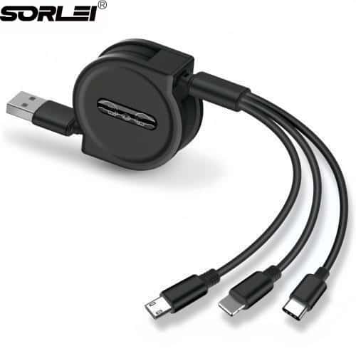 4ft 3A Retractable 3 in 1 USB Cable Fast Charging For iPhone Micro USB Type-C Cables