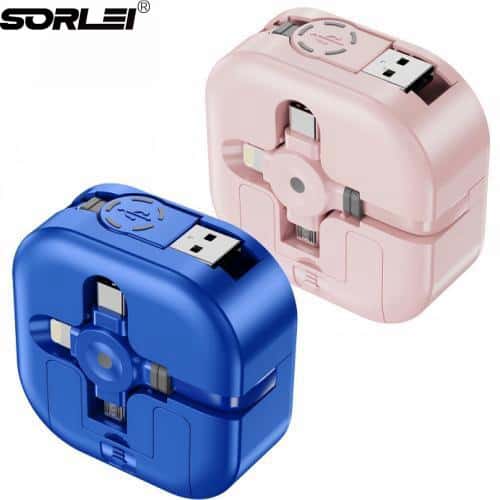 4ft 4.5A 3 in 1 Retractbale USB Charging Cable With Mini Mirror And Phone Holder For All Mobile Phones