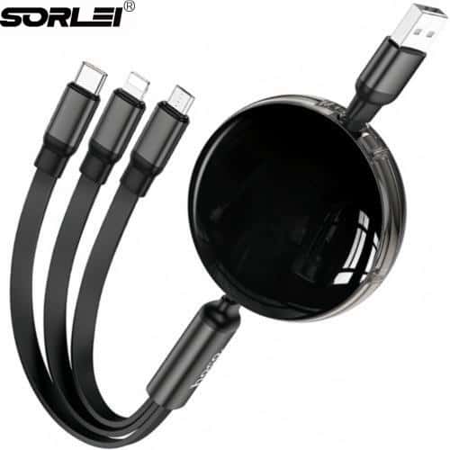 60W 3.5A Multi Retractable 3 in 1 Charger Cable for USB C Lightning Micro USB