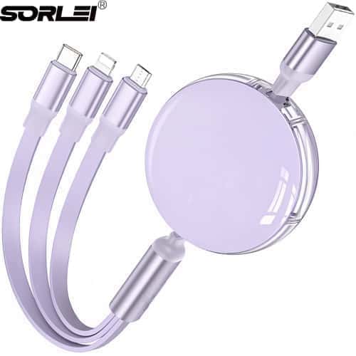 60W 3.5A Multi Retractable 3 in 1 Charger Cable for USB C Lightning Micro USB