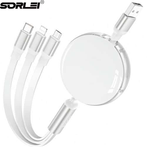 60W 3.5A Multi Retractable 3 in 1 Charger Cable for USB C Lightning Micro USB