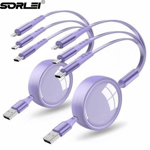 60W 3A Multi Retractable 3 in 1 Charger Cable for USB C Lightning Micro USB