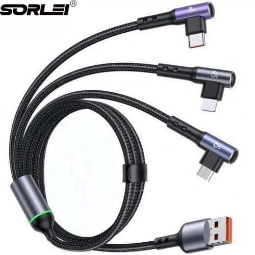 66W 6A 3 in 1 Multi 90 degree nylon braided USB fast charging cable for iphone Micro Type C mobile phones