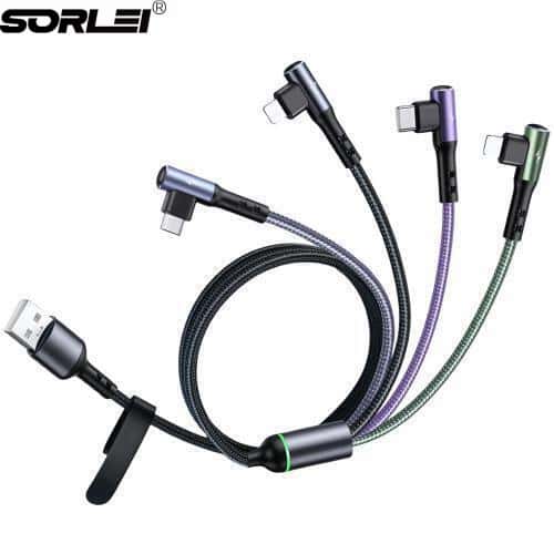 66W 6A 4 in 1 Multi 90 degree nylon braided USB fast charging cable for iphone Micro Type C mobile phones