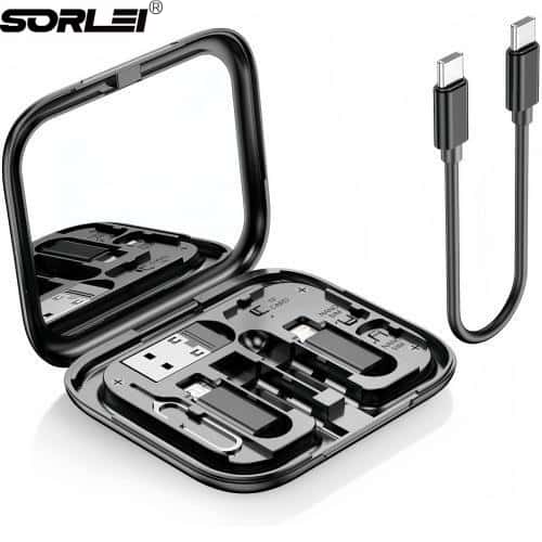 60W 6 in 1 Multi USB Adapter Charging Cable Kit For iPhone Micro USB Type C Adapter USB A Cable Converter with Makeup Mirror with Phone Holder