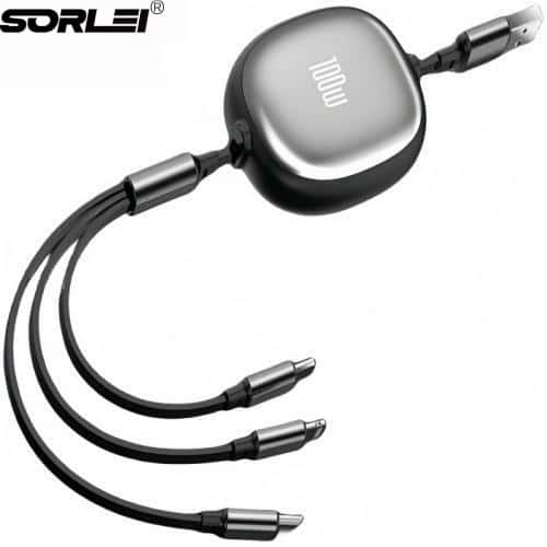 100W 6A 3 in 1 Fast Charging USB Cable Retractable Type C Micro USB Data Cable For iPhone Huawei Xiaomi Samsung Oppo