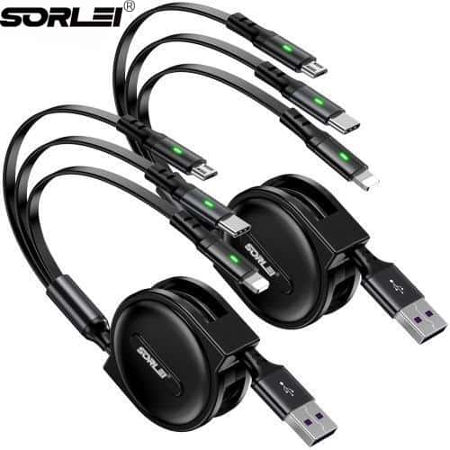 3A 3 in 1 Retractable Multiple with Micro USB type-C and lightning Charging Cables