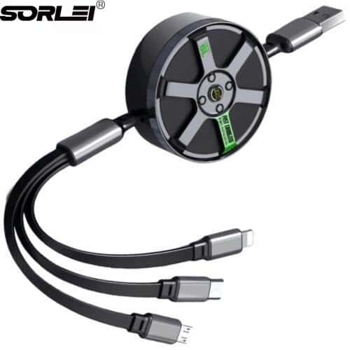 Tyre Design 3 in 1 1.2M Retractable 120W 6A Fast USB Charging data cable for Multi-functional Charging
