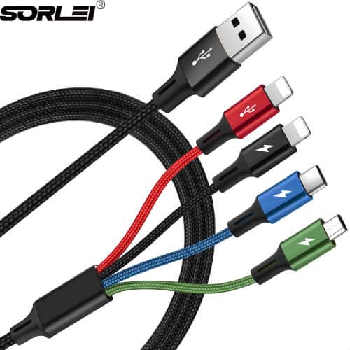 4ft 4A 4 in 1 Nylon Braided Multi Charging Cable With Dual iOS Type-C and Micro-USB connectors built-in