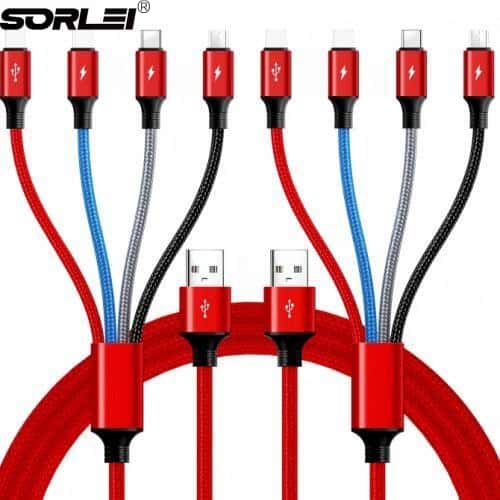 10ft 4A 4 in 1 Nylon Braided Multi Charging Cable With Dual iOS Type-C and Micro-USB connectors built-in