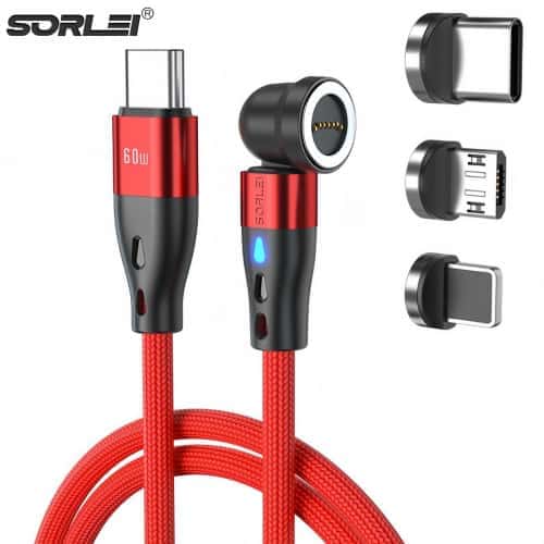 540 Degree Cable Magnetic USB 3 In 1 Fast Charging Cable L Shape & Straight 3A USB Data Cable For Android Type C iphone