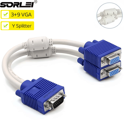 VGA3+9 Splitter Cable 1 Computer to Dual 2 Monitor Adapter Y Splitter Male to Female 15Pin VGA Wire Cord for PC Laptop
