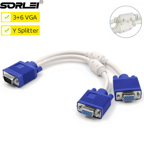 VGA3+6 Splitter Cable 1 Computer to Dual 2 Monitor Adapter Y Splitter Male to Female 15Pin VGA Wire Cord for PC Laptop