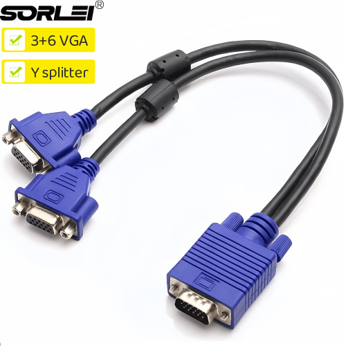 3+6 Dual VGA Splitter Monitor Cable 1 Male to 2 Female Adapter Converter VGA Video Y Cable Cord for Screen Duplication