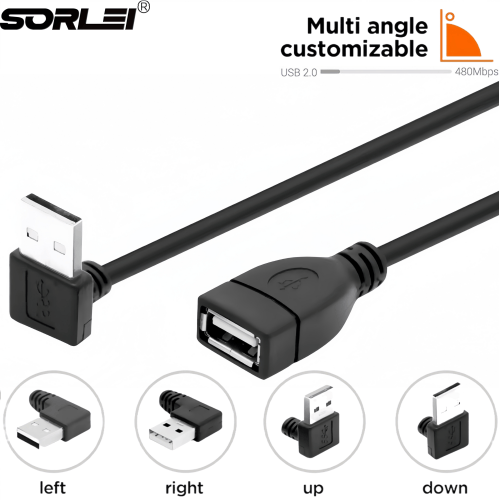 90 Degree (Left and Right Angle) USB 2.0 Male to Female Extension Cable 